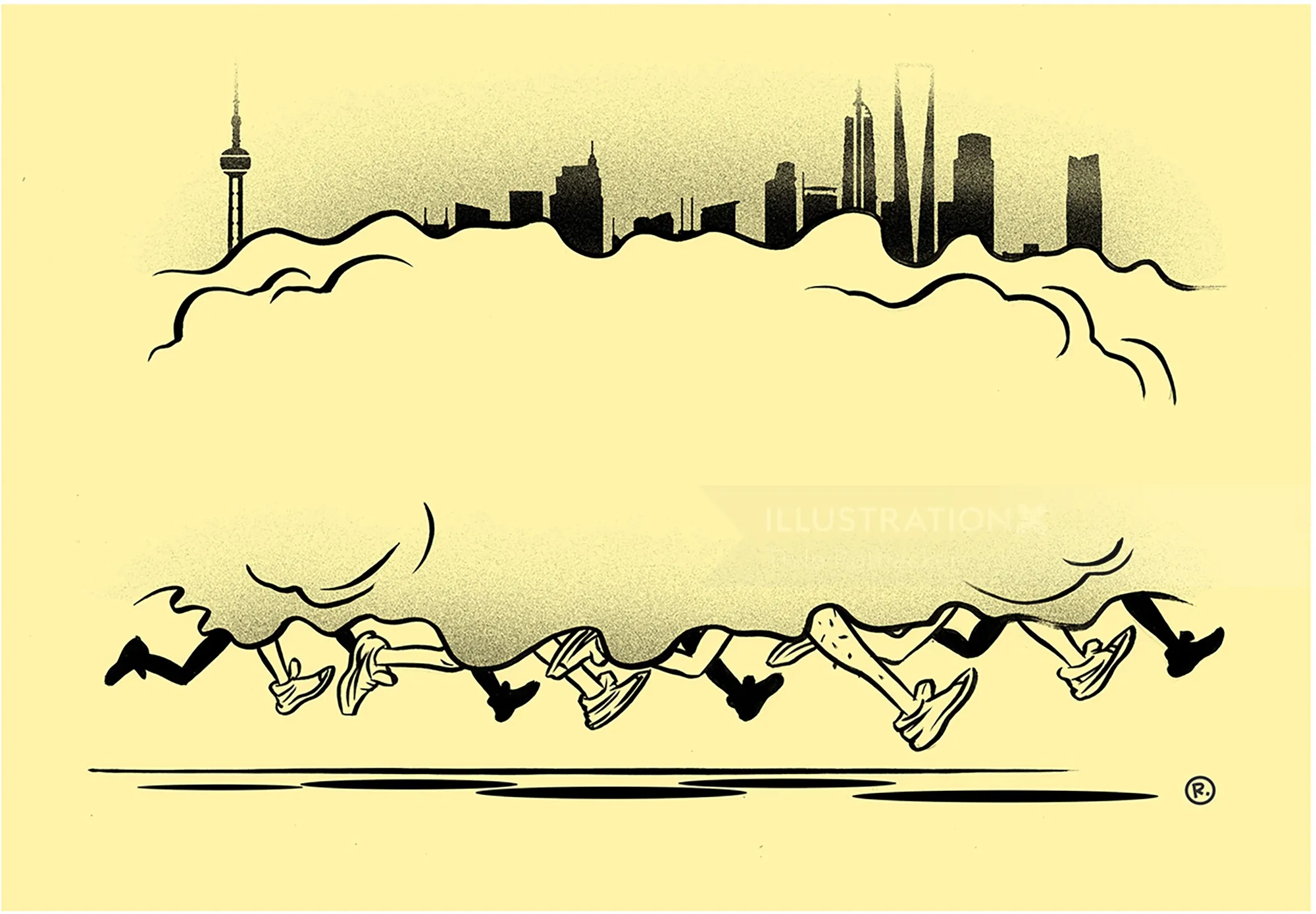 City skyline above clouds with detailed running legs illustration by Thilo Rothacker