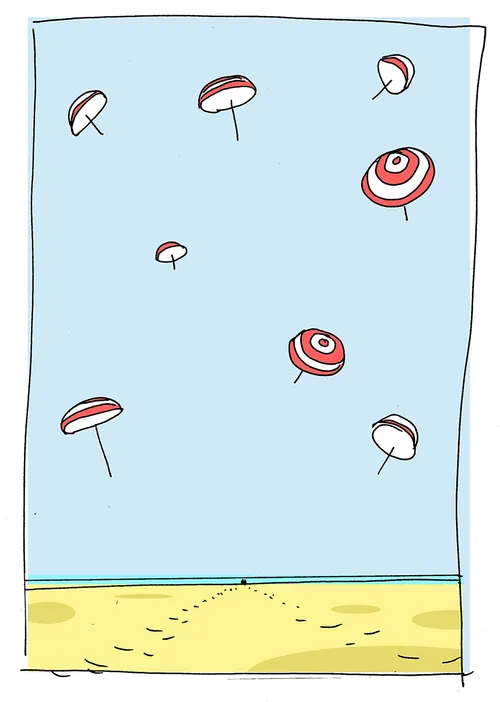 Red and white beach umbrellas floating above sandy shore under blue sky by Thilo Rothacker