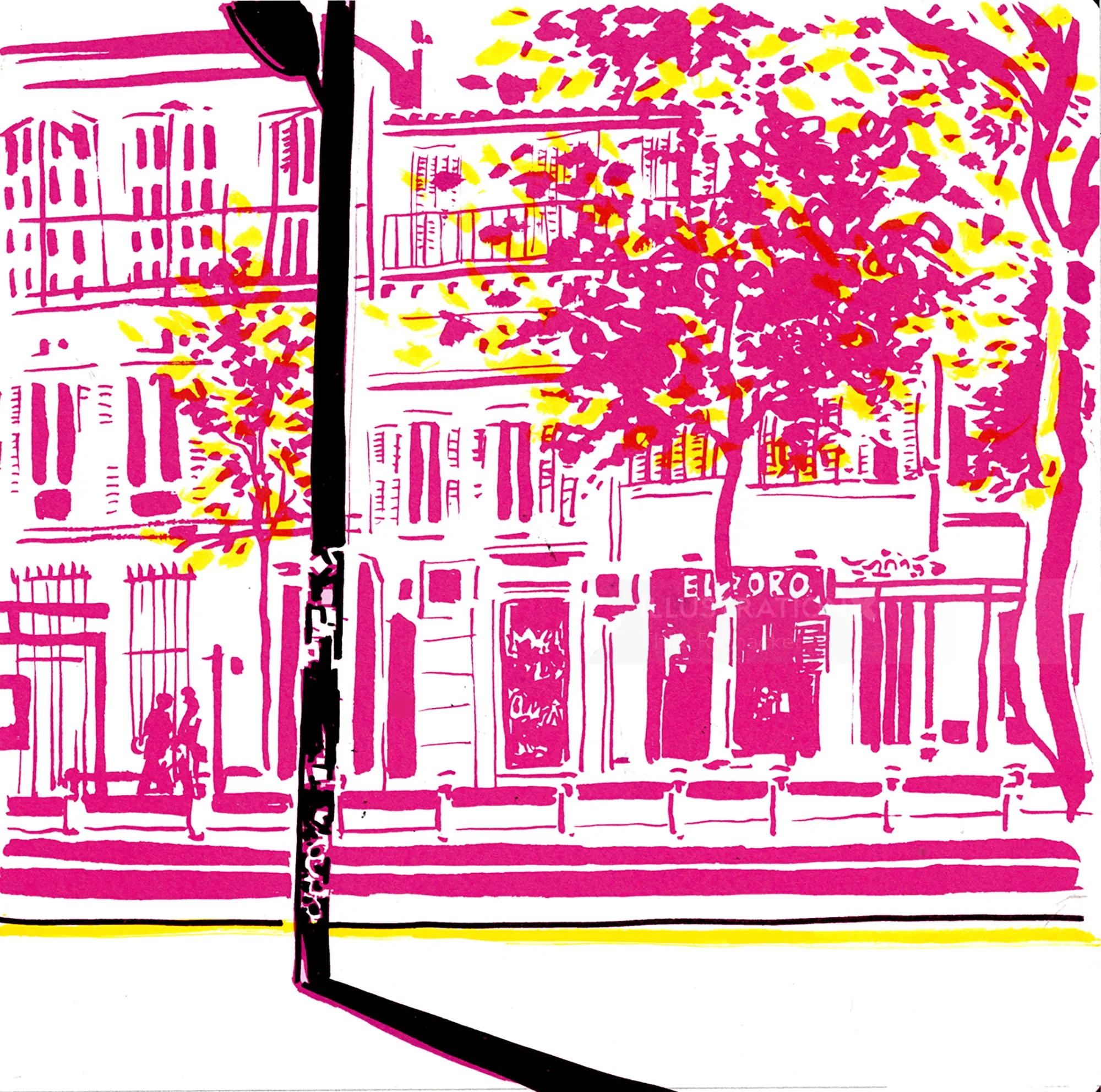 Stylized urban street scene with pink trees and buildings by Thilo Rothacker
