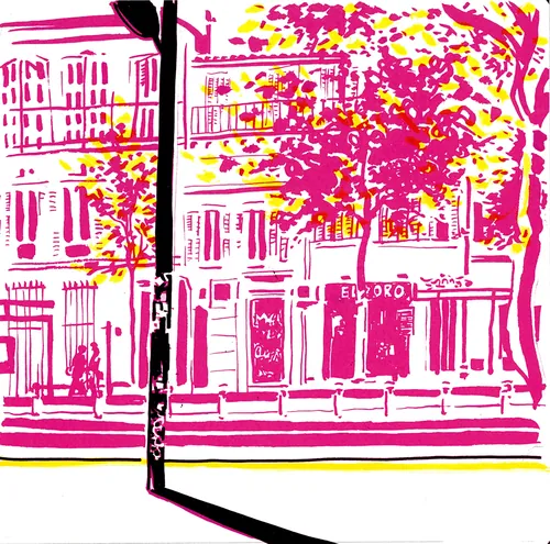 Stylized urban street scene with pink trees and buildings by Thilo Rothacker