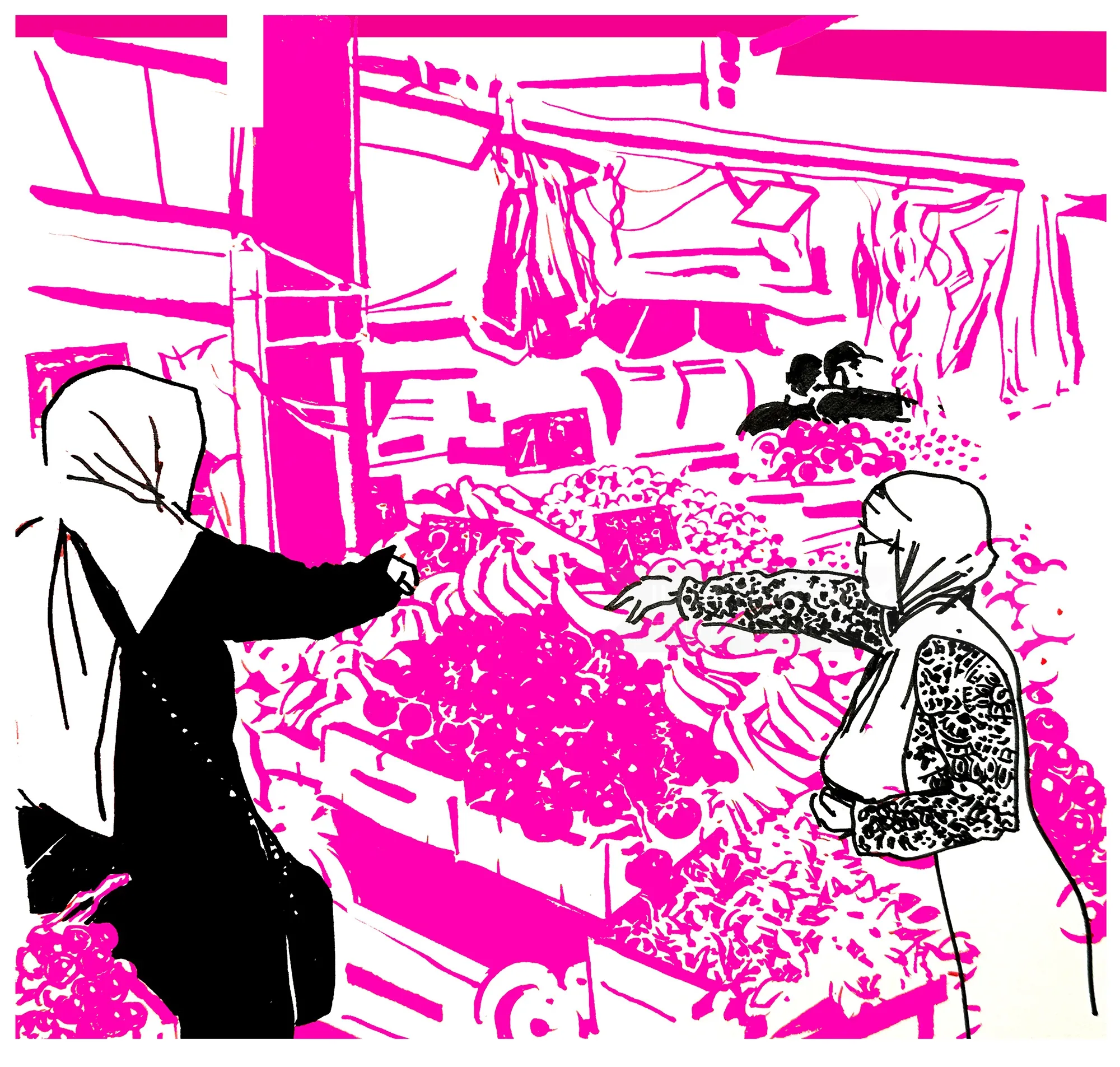Two women wearing headscarves shopping for vegetables at a market by Thilo Rothacker