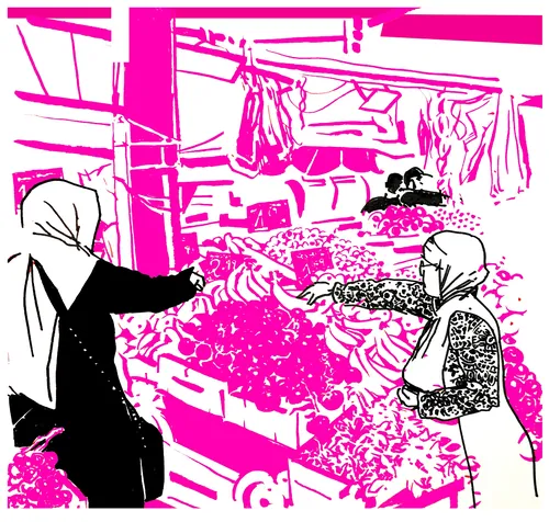 Two women wearing headscarves shopping for vegetables at a market by Thilo Rothacker