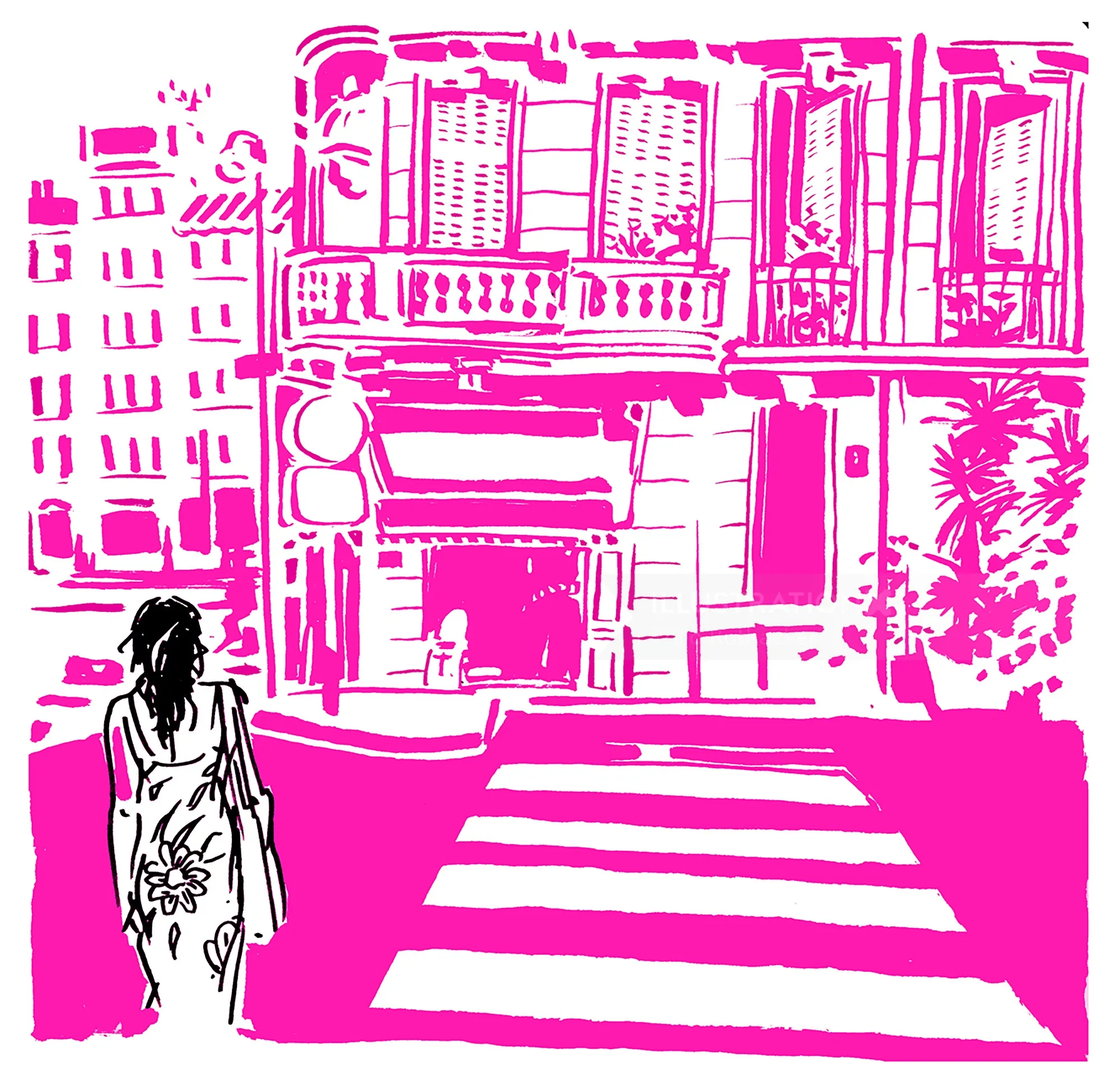 A woman crosses a city street with buildings in pink and white by Thilo Rothacker