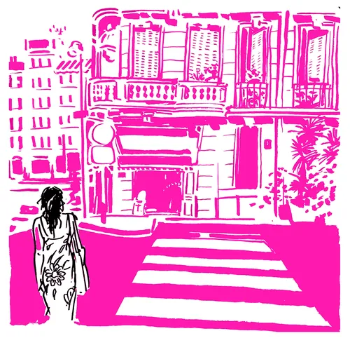 A woman crosses a city street with buildings in pink and white by Thilo Rothacker