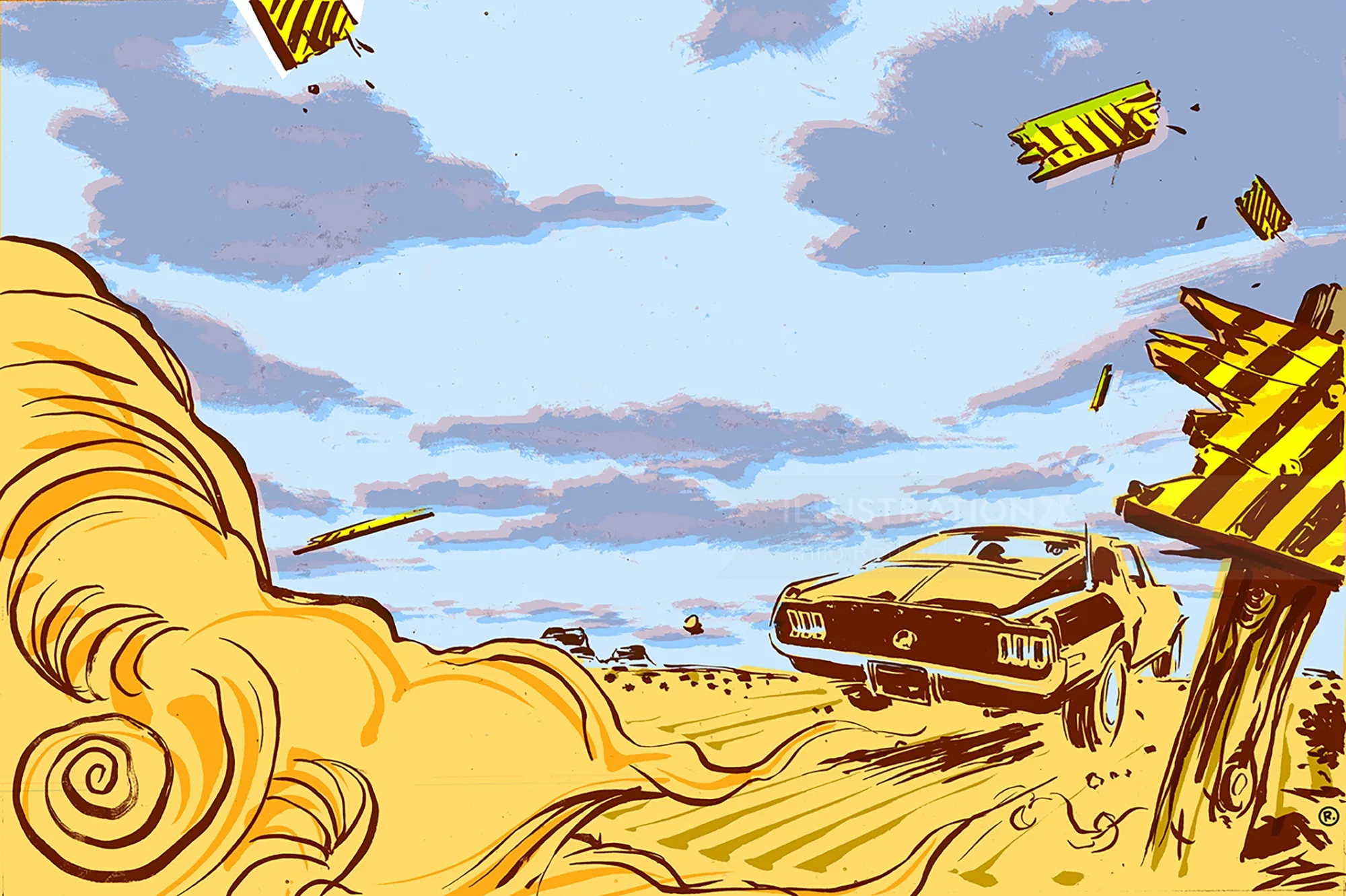 Car driving fast in desert with dust cloud and broken signs by Thilo Rothacker