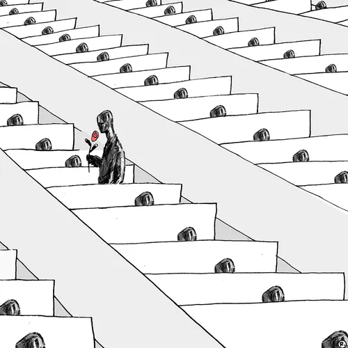 Black and white illustration of a man holding a rose in empty church pews by Thilo Rothacker