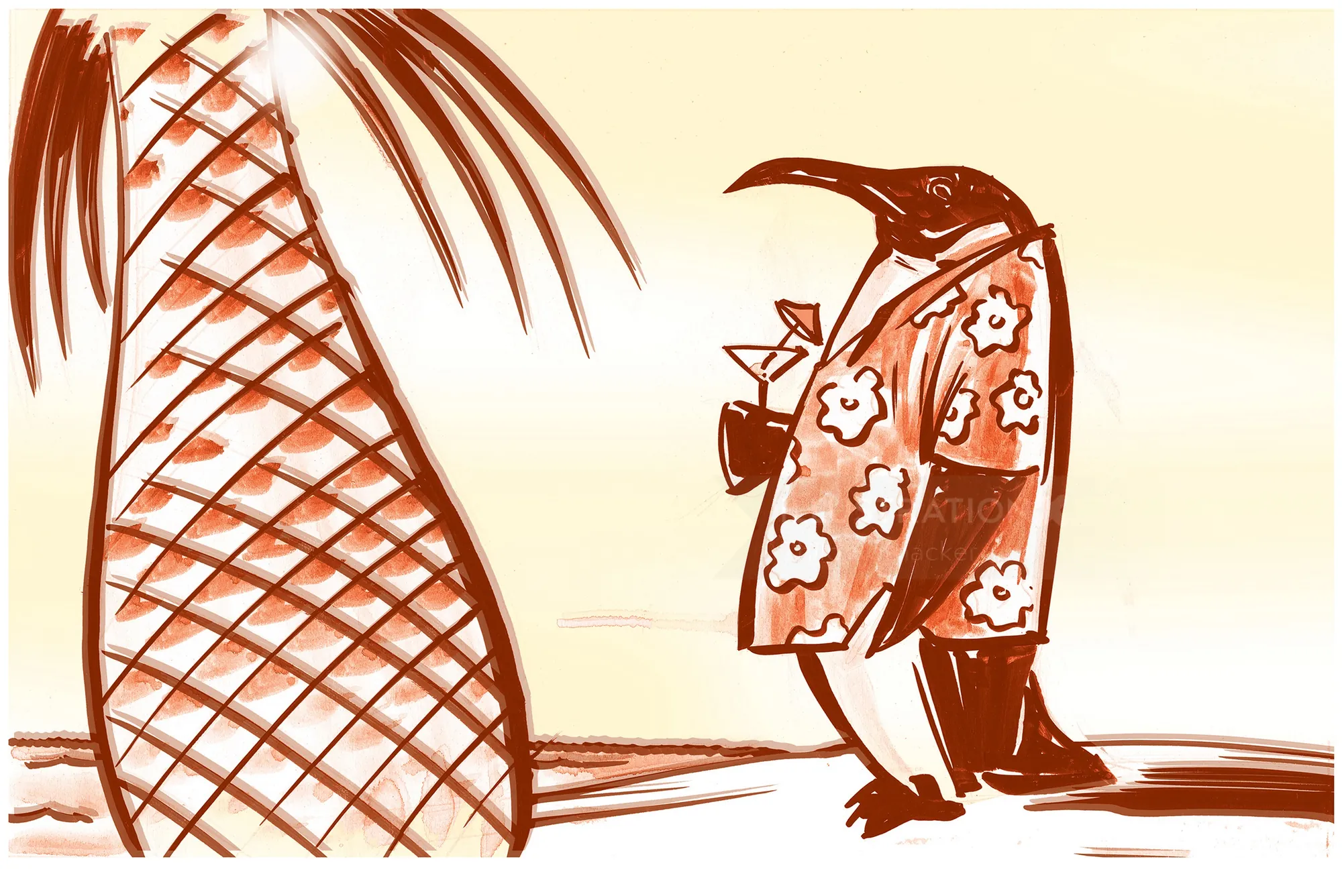 Cartoon penguin in Hawaiian shirt drinking by palm tree by Thilo Rothacker