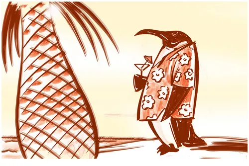 Cartoon penguin in Hawaiian shirt drinking by palm tree by Thilo Rothacker
