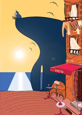 Man on cliff overlooking street cafe with seated person below by Thilo Rothacker