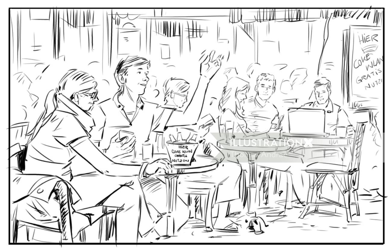 レストランのカップルの鉛筆画