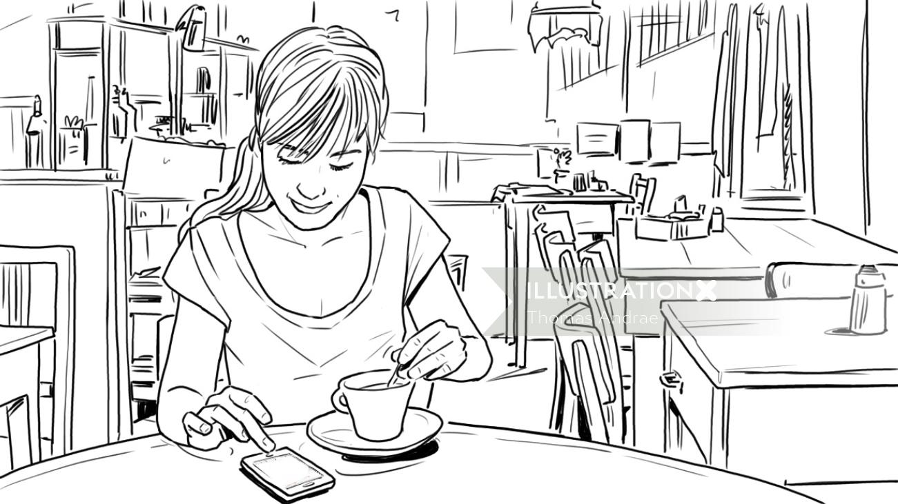 コーヒーショップの女性の線画