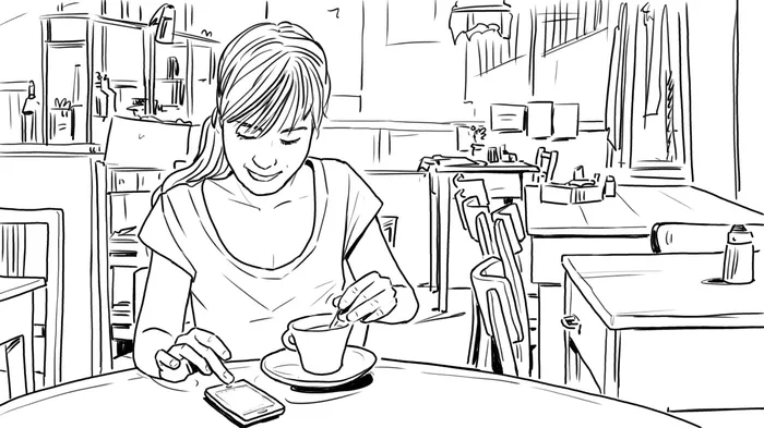 Women line art at coffee shop
