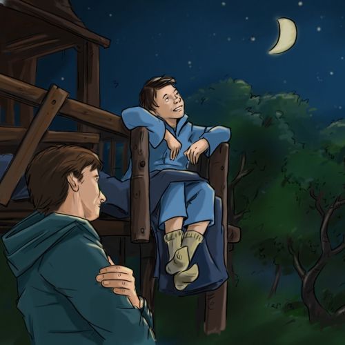 Loose illustration of boy watching moon
