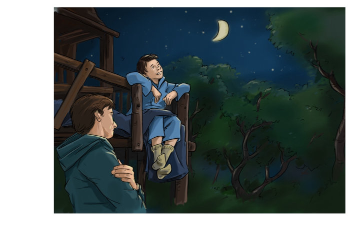 Loose illustration of boy watching moon

