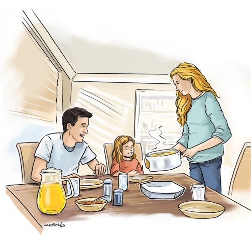 Loose illustration of family at dinner
