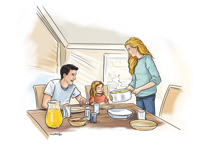 Loose illustration of family at dinner
