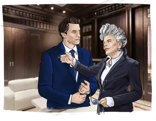 Man and woman in business attire talking in office setting