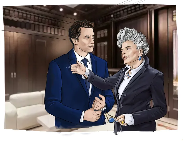 Man and woman in business attire talking in office setting