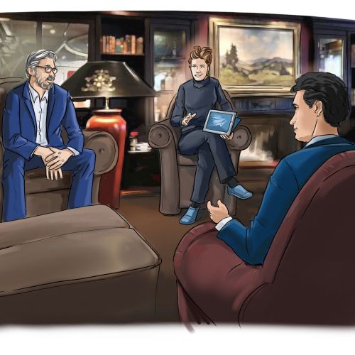 Three individuals having a meeting in a comfortable room with armchairs.