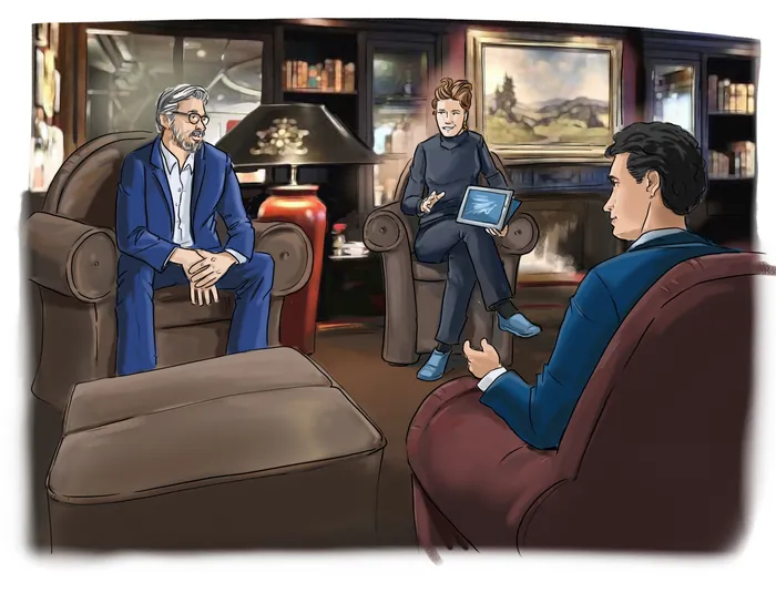 Three individuals having a meeting in a comfortable room with armchairs.