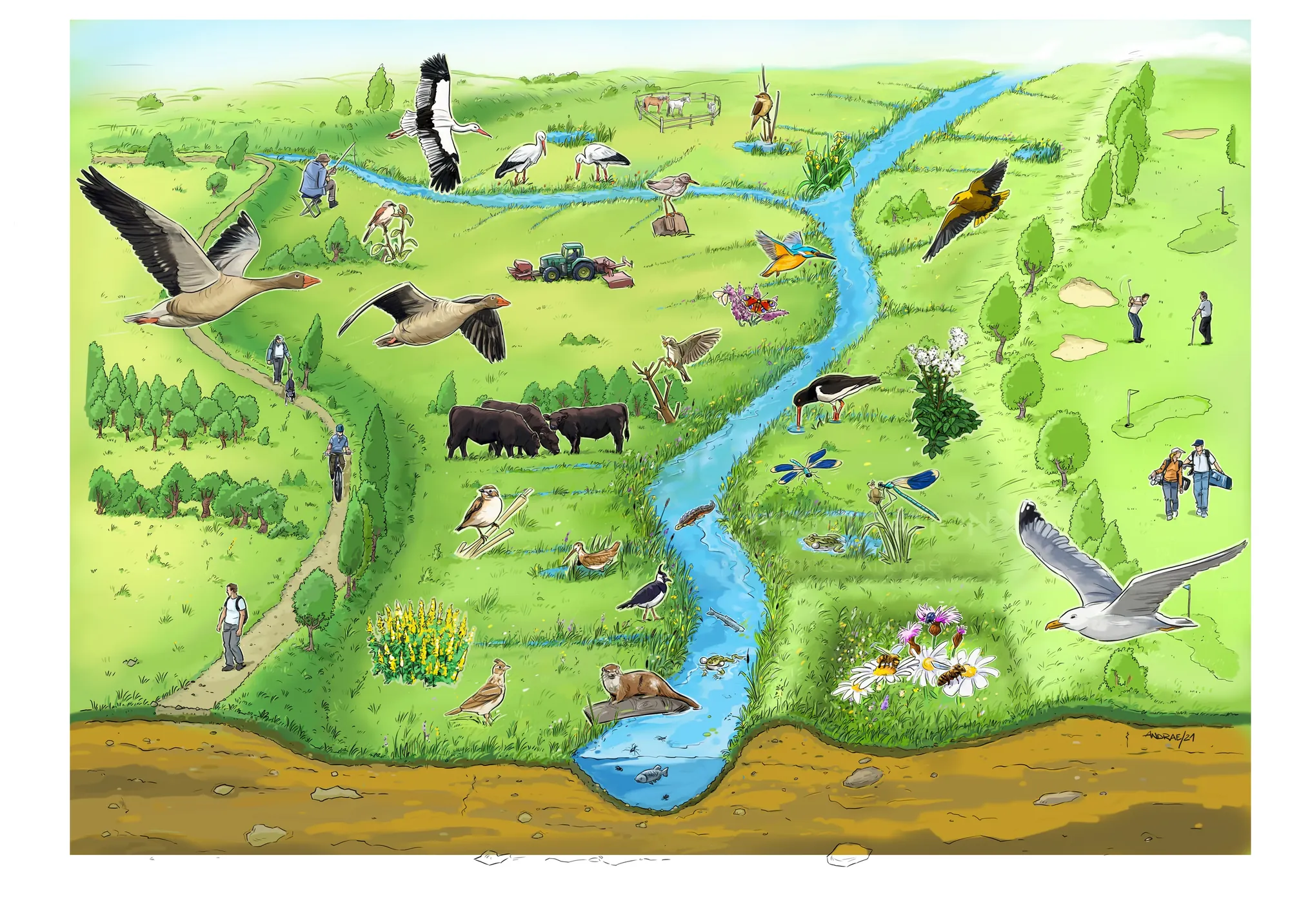 Colorful countryside scene with birds flying, animals grazing, and people walking