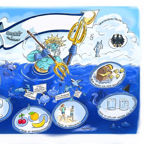 Neptune with trident surrounded by bubbles depicting environmental problems