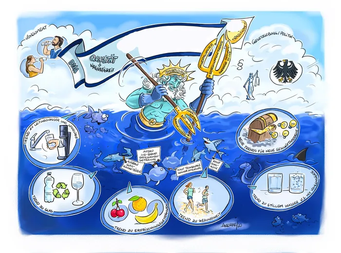 Neptune with trident surrounded by bubbles depicting environmental problems