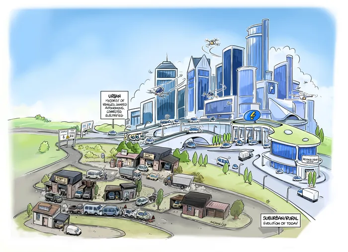 Illustration showing rural homes in foreground and modern city skyline in background
