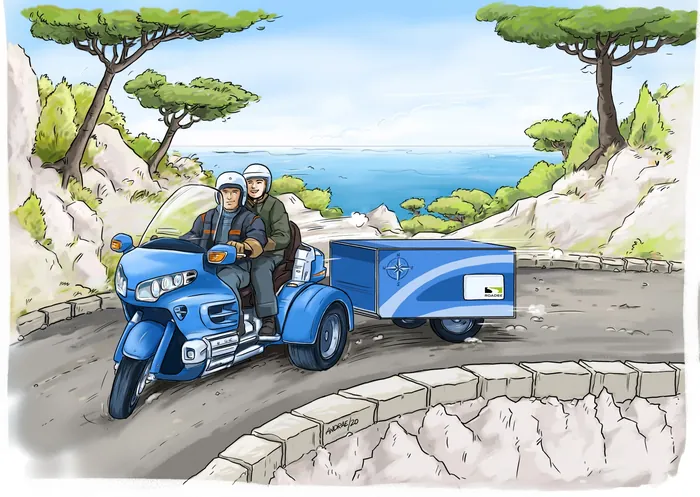 Two people riding a blue motorcycle with trailer on coastal road