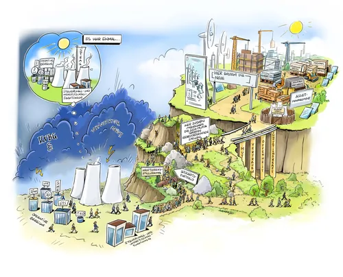 Cartoon showing coal power plants and a futuristic sustainable energy city