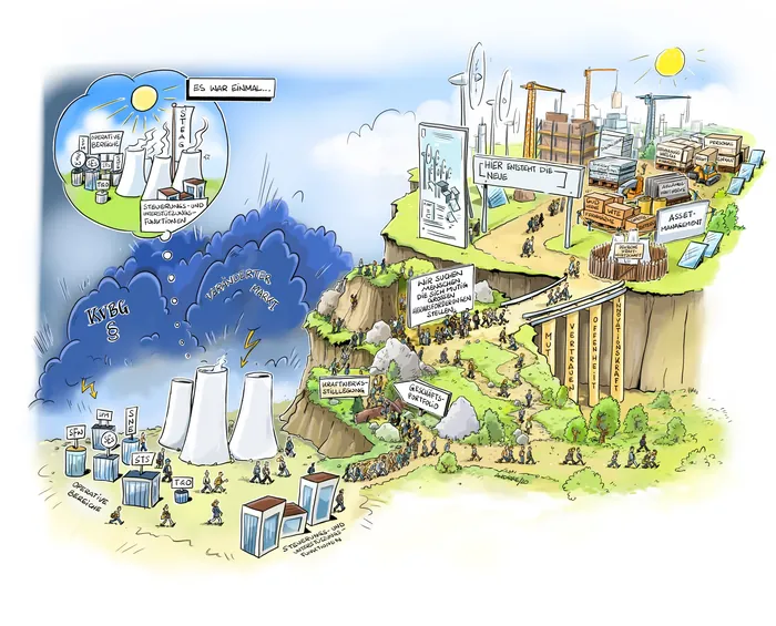 Cartoon showing coal power plants and a futuristic sustainable energy city
