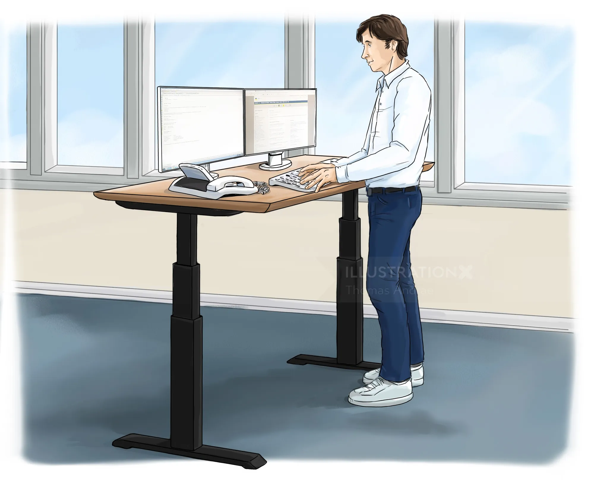 Hombre usando un escritorio de pie ajustable con computadora en la oficina