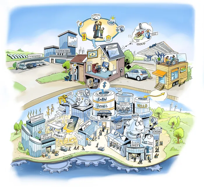 Cartoon illustration of diverse buildings including eco-friendly and industrial structures