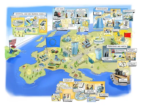 Cartoon map of Europe showing business areas and iconic landmarks
