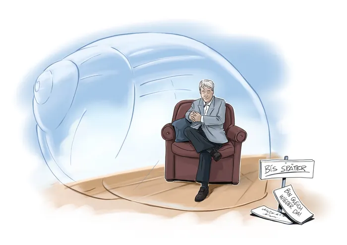 Man in suit sitting in armchair inside transparent protective bubble