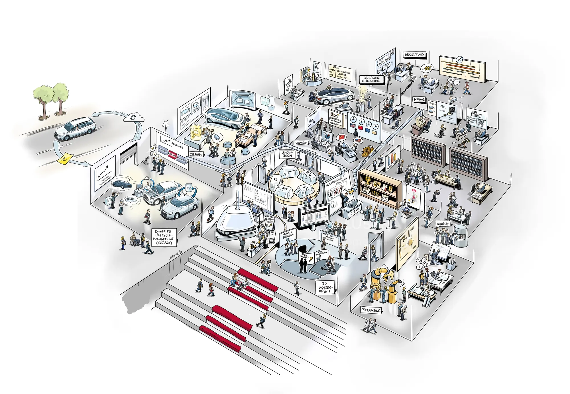 Illustration of people attending a multi-room trade show with exhibits and booths