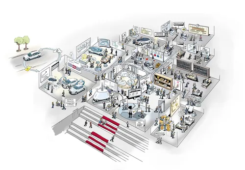 Illustration of people attending a multi-room trade show with exhibits and booths