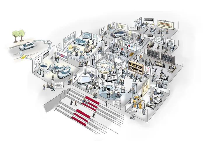 Illustration of people attending a multi-room trade show with exhibits and booths