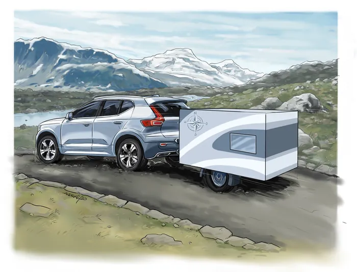 Silver SUV pulling a small camper on a mountain road