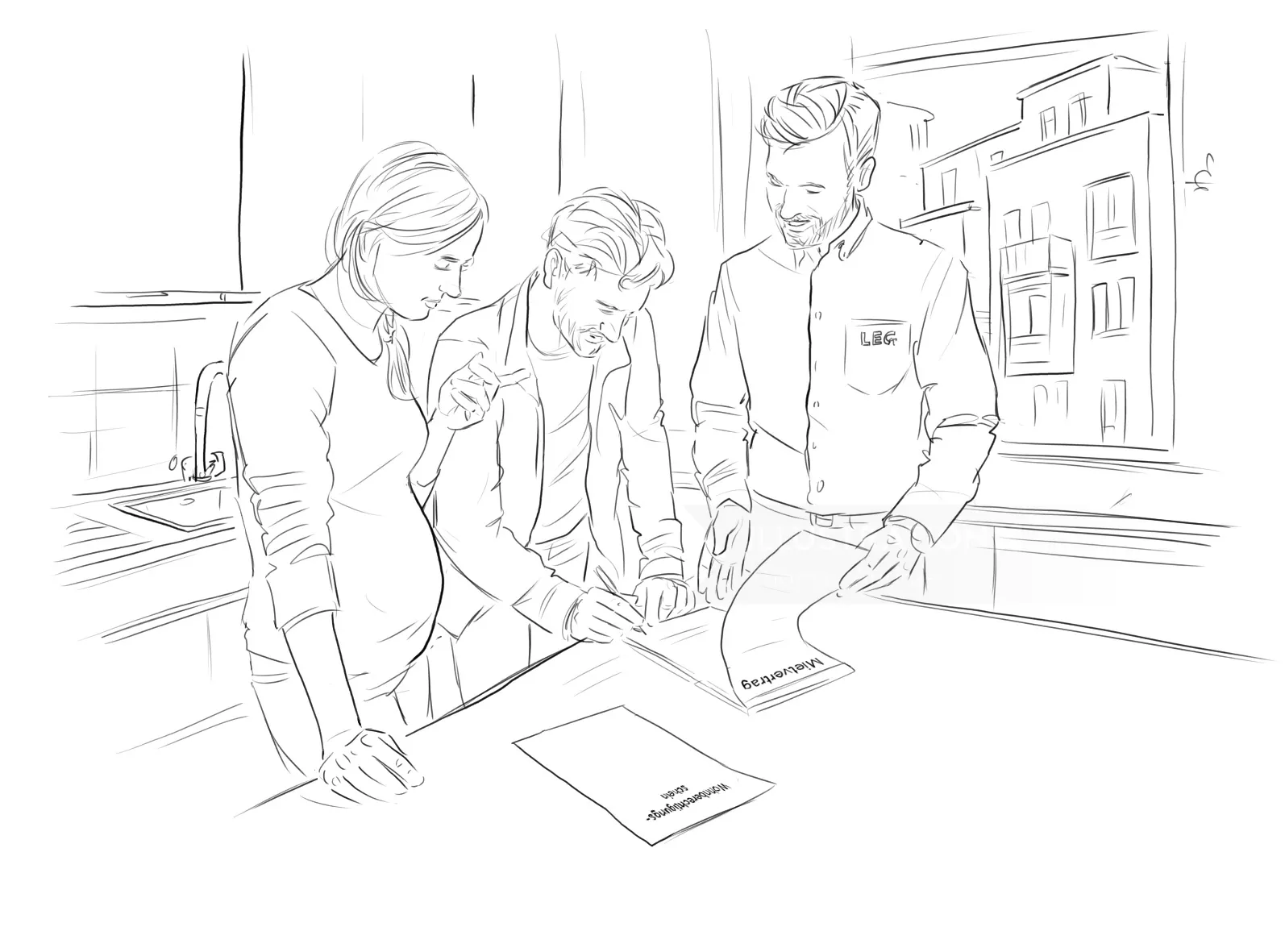 Three coworkers discussing papers in a modern office environment