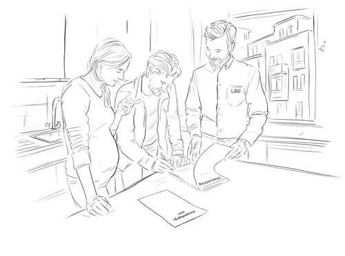 Three coworkers discussing papers in a modern office environment