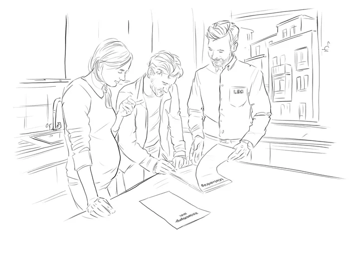 Three coworkers discussing papers in a modern office environment