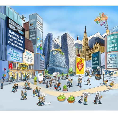 Crowded city square with people, modern architecture, and colorful signs