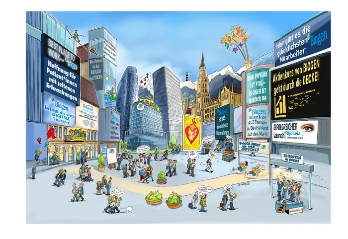 Crowded city square with people, modern architecture, and colorful signs