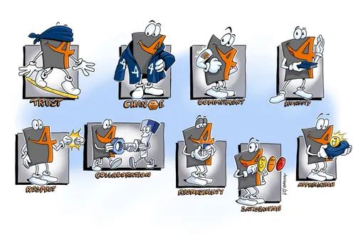 Cartoon number 4 characters doing sports and tasks