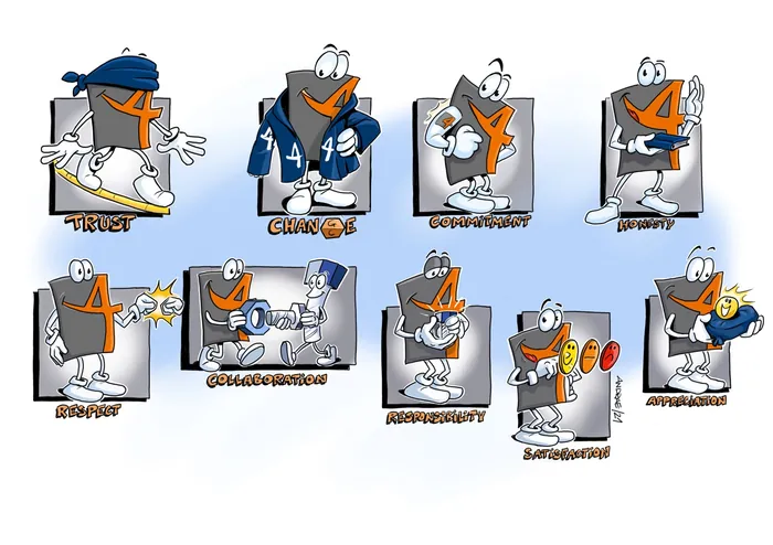 Cartoon number 4 characters doing sports and tasks