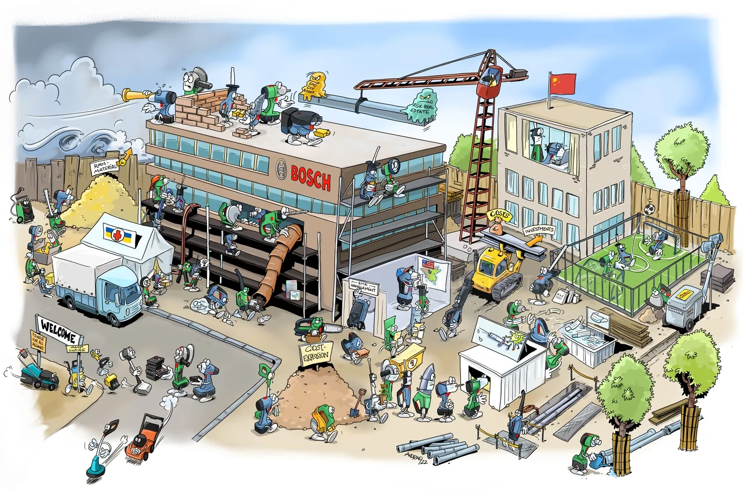Cartoon sketch of busy construction site with workers and machines around Bosch building.