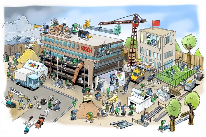 Cartoon sketch of busy construction site with workers and machines around Bosch building.