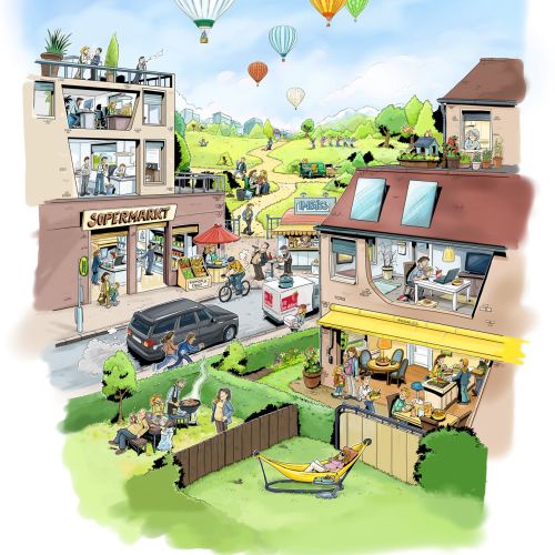 Neighborhood with houses, people, cars, and colorful hot air balloons in sky.