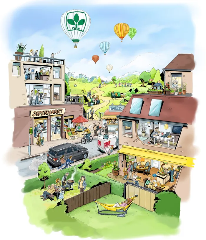 Neighborhood with houses, people, cars, and colorful hot air balloons in sky.